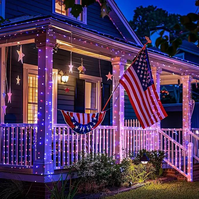 JMEXSUSS 2 Pack Red White and Blue Solar Lights, Each 100 LED 33FT Solar Fairy Lights Outdoor Waterproof, 4th of July Solar String Lights for Independence Day Outside Decorations by GreenHaven Gardens