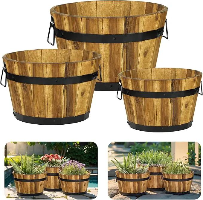 IDZO Set of 3 Wooden Flower Planters for Outdoor Plants, Acacia Wood Barrel Planters, Ergonomic Handles, Drainage Holes, Various Sizes, Golden Teak by GreenHaven Gardens