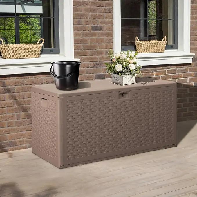 73 Gallon Outdoor Storage Box - Waterproof Resin Deck Box for Patio, Pool & Garden, Lockable Outdoor Cushion Storage & Delivery Boxes for Outside, UV-Resistant, Rich Brown by GreenHaven Gardens