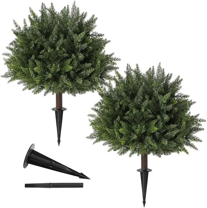 23.6Inch Artificial Cedar Topiary, 2 Pack UV Resistant Faux Evergreen Shrubs with Ground Spikes, Indoor Outdoor Potted Plants for Porch, Garden, Front Door Decor by GreenHaven Gardens