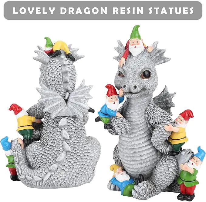 Dragon Gnome Statues Outdoor Decor, 13” Dinosaur Play with Gnomes Garden Statue, Outdoor Statue for All Season Lawn Decor, Garden Decoration, Gardening Gift by GreenHaven Gardens