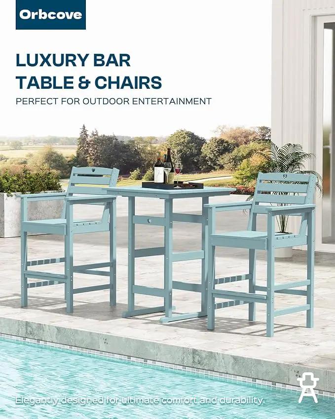 3-Piece Bar Height Outdoor Table and Chairs Set, HDPE Wood Grain Patio Bar Table and Chairs with Heart Cutout Design, Weather-Resistant Bar Height Furniture for Deck, Porch, Pool (Light Blue) by GreenHaven Gardens