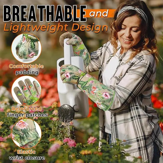 HANDLANDY Leather Gardening Gloves for Women, Thorn Proof Breathable Ladies Rose Pruning Garden Gauntlet Yard Gloves, Gift for Gardeners (Khaki, M) by GreenHaven Gardens