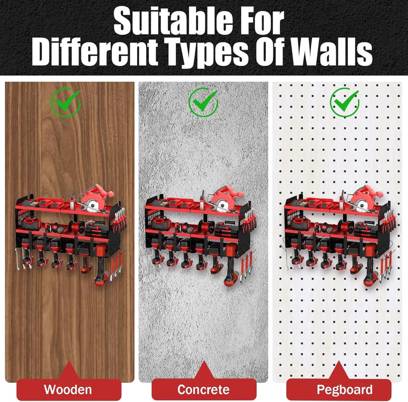 Power Tool Organizer Wall Mount with 6 Drill Holders, Heavy Duty Metal Utility Racks with Large Top Shelf & Side Hooks, Efficient and Organized Storage for Garage, Workshop, Shed, Pegboard by GreenHaven Gardens