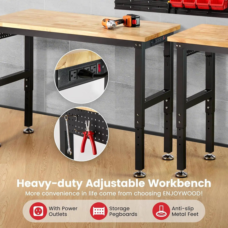 Work Bench for Garage 48 x 20 Inch Adjustable Height Rubberwood Tabletop Work Table with Pegboard, Power Outlets Garage Workbench for Woodworking Shop, Home, Office, Electronic Cutting Wood by GreenHaven Gardens