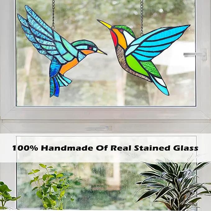 Royxen 2 Pack Hummingbird Stained Glass Window Hangings Handmade Bird Sun Catcher for Home Window by GreenHaven Gardens