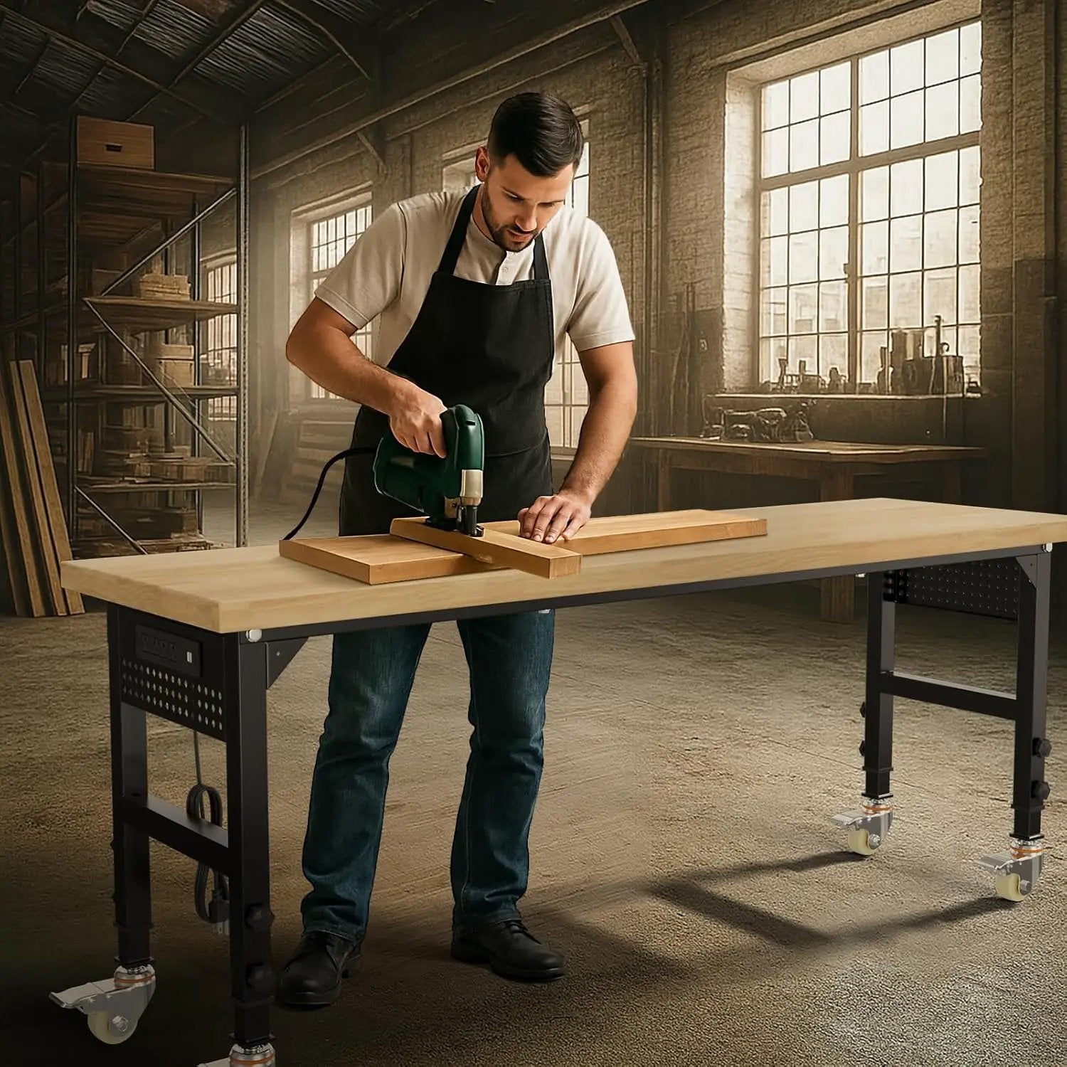 70'' Adjustable Workbench, Solid Wood Work Bench Table with Wheels and Power Outlet & Pegboard, Rolling Workbench Large Load Capacity Garage Workbench for Workshop,Office,Home by GreenHaven Gardens