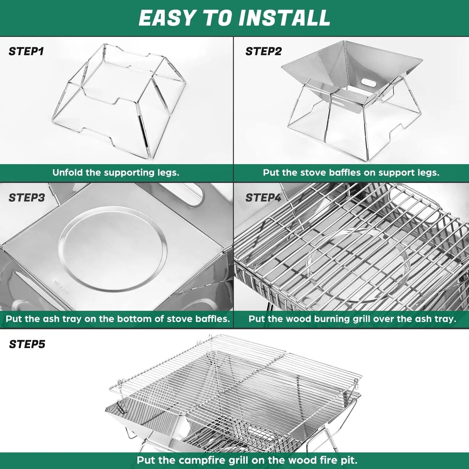 Odoland Folding Campfire Grill, 304 Stainless Steel Grate Barbeque Grill, Portable Camping Grill with Legs for Picnics, Backpacking, Outdoor with Carrying Bag and Kitchen Tongs by GreenHaven Gardens