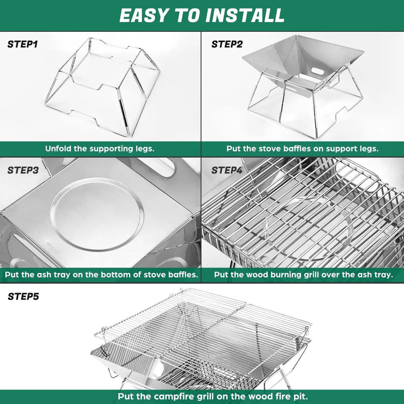 Odoland Folding Campfire Grill, 304 Stainless Steel Grate Barbeque Grill, Portable Camping Grill with Legs for Picnics, Backpacking, Outdoor with Carrying Bag and Kitchen Tongs by GreenHaven Gardens
