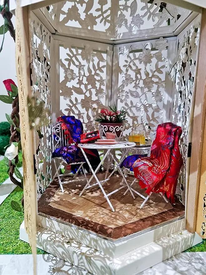 Dollhouse Miniature Bistro Table & Chairs Set Accessories Metal 1:12 Scale Miniatures White Coffee/Tea Furniture Fairy Garden Cute Rustic Elegant Decorations Ornaments (C) by GreenHaven Gardens