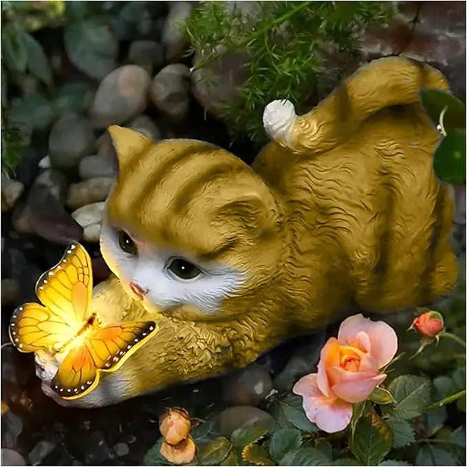 Solar Garden Statue Cat,Garden Figurine Outdoor Decoration with Cat Holding Butterfly for Yard,Patio,Lawn Art by GreenHaven Gardens