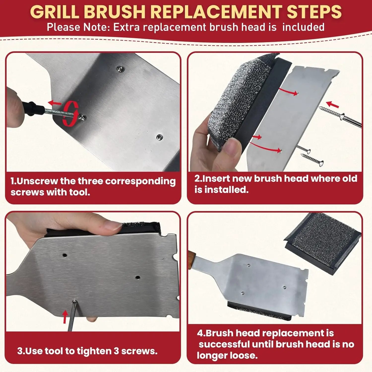 Grill Brush BBQ Cleaner Brush - Barbecue Brush for Outdoor Grill with 1 PCS Replacement Cleaning Head, Grill Cleaning Brush Bristle Free with Stainless Steel Scraper & Wooden Handle for Most Grate by GreenHaven Gardens