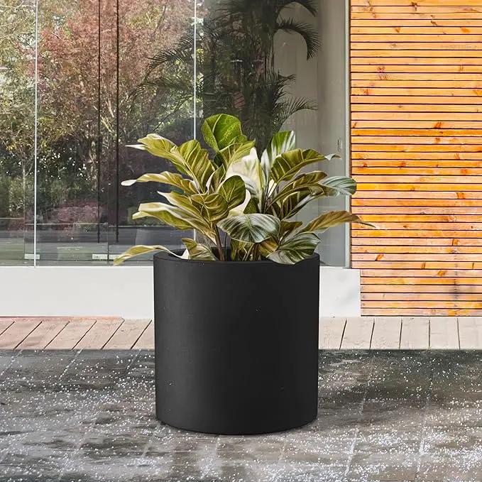 Kante 12.6" Dia Round Concrete Planter, Modern Style Large Cylindrical Plant Pot with Drainage Hole and Rubber Plug for Indoor Outdoor Patio, Black by GreenHaven Gardens