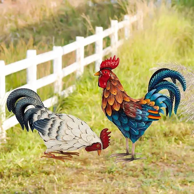 Shorayn Metal Rooster Statues, Outdoor Garden Statues, Metal Chicken Decor, Garden Sculptures & Statues, Chicken Ornaments Yard Art for Backyard Patio Lawn Decorations, Set of 2 by GreenHaven Gardens