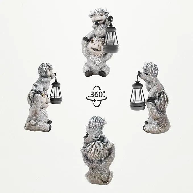 Highland Cow Statues with Solar Lights, Highland Cow Resin Figurine Lights, Highland Cow Ornaments for Patio, Balcony, Indoor Decoration and as Gifts by GreenHaven Gardens