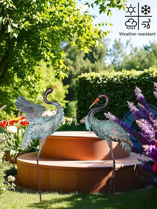 YEAHOME Garden Decor Outdoor Statues, 38"/36" Large Metal Heron Standing Yard Art, Blue Crane Lawn Sculptures Garden Decor for Outside Patio Porch Backyard, Set of 2 by GreenHaven Gardens