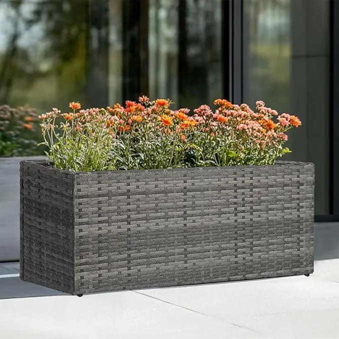 LEWIS&WAYNE Large Rectangular Block Planter Box Handmade Wicker Tall Planters for Outdoor Plants with Removable Liners Modern Planter for Indoor Outdoor Patio Deck - Gray, 30''x12''x16'' by GreenHaven Gardens
