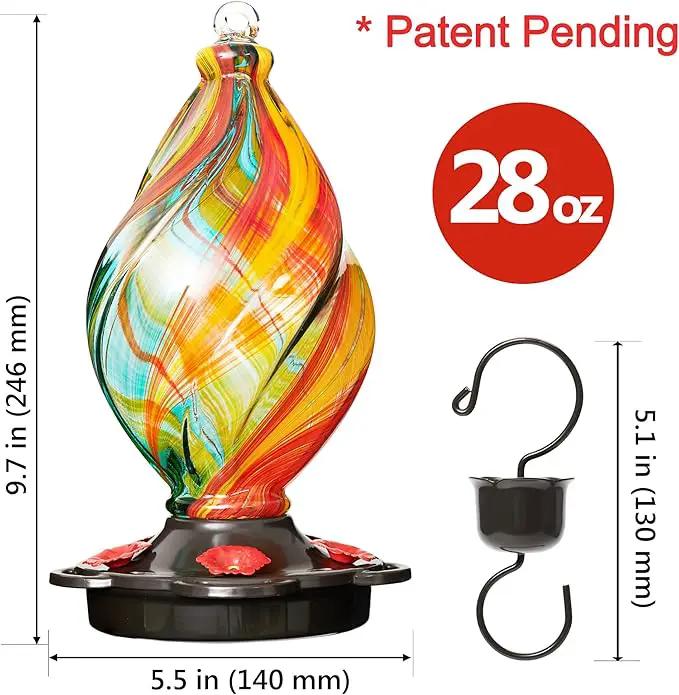 LUJII Ice Cream Shaped Spiral Hummingbird Feeder for Outdoors Hanging, Hand Blown Glass, 28 fl.oz, Leak Proof & Rustproof, Includes an Ant Moat, Unique Garden, Outside & Backyard Decor (Ribbon) by GreenHaven Gardens
