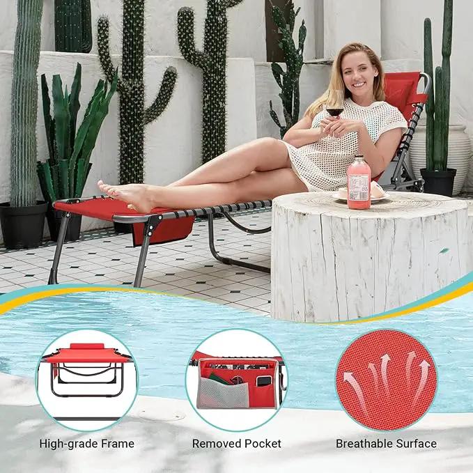 #WEJOY Outdoor Folding Chaise Lounge Chair for Outside, Patio, Beach, Poolside, Sunbathing, Adjustable 5-Position Reclining Chairs, Heavy Duty Camping Cot with Shoulder Strap and Pillow, Red by GreenHaven Gardens