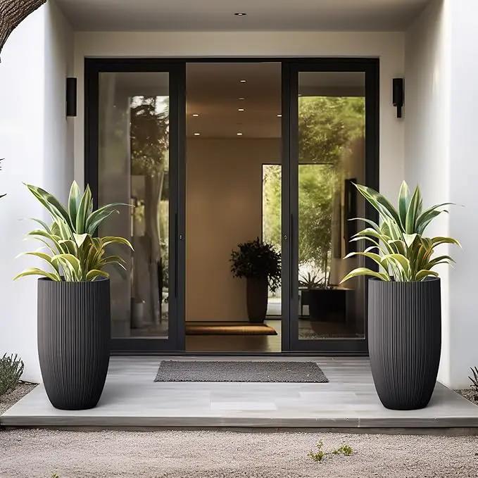 Kante 24 Inch Tall Round Concrete Planter, Large Indoor Outdoor Plant Pots with Drainage Hole and Rubber Plug, Modern Decorative Garden Pots for Home Patio Porch, Textured Black by GreenHaven Gardens