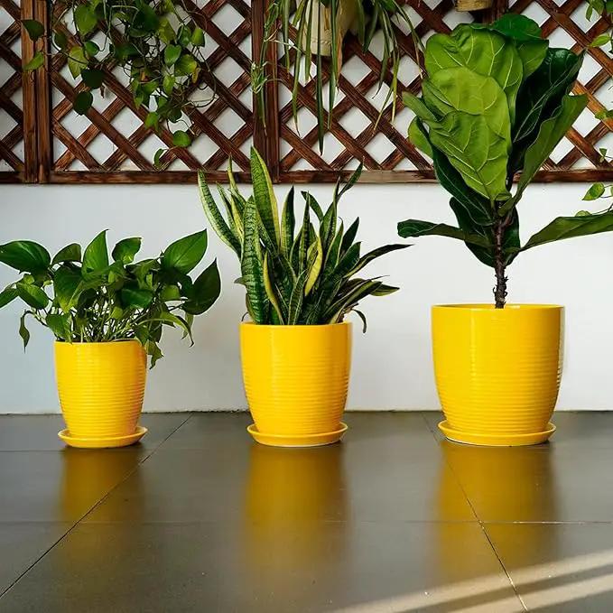 10 Inch Plant Pot - Ceramic Pot for Plants Outdoor Planter for Indoor Plants Large Plant Pot with Drainage Hole and Saucer Round Flower Pot for Home Patio Office Yellow by GreenHaven Gardens