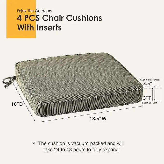Outdoor Square Corner Seat Cushion, 18.5"x16"x3", Set of 4, Non Slip Seat Cushion Pads with Removable Cover for Patio Furniture, Garden Yard Lawn, Dark Black Tan Stripe by GreenHaven Gardens