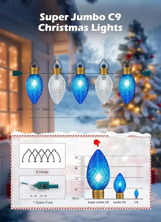 11Feet 5 LED Super Jumbo Christmas String Lights or Pathway Marker Lights, Outdoor Xmas Decorations- Jumbo C9 Hanging Lights Waterproof Lawn Dec for Holiday Home Tree Roof Yard Garden, Blue ＆ White by GreenHaven Gardens