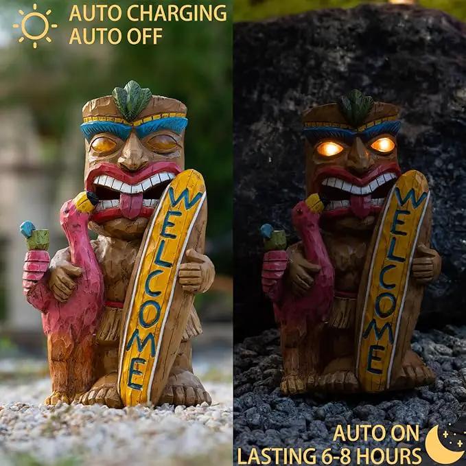 Welcome Tiki Statue with Surfboard Flamingo-Solar Outdoor Decor - Tiki Man with Automatic Switch On Flickering Eyes LED Light for Tiki Bar Decorations, Patio, Balcony, Yard,Lawn,Gifts by GreenHaven Gardens