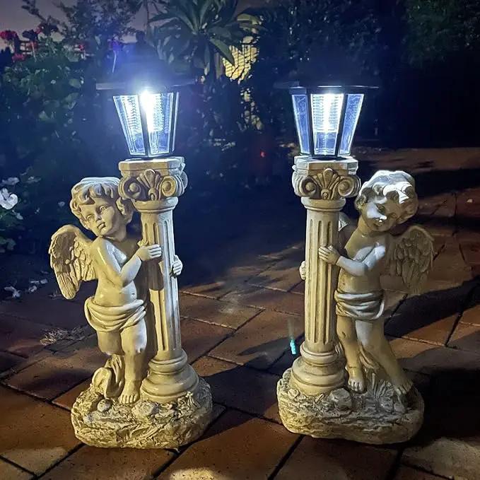 Angel Statue with Solar Lights (Left) 19.7 Inch, Outdoor Solar Angel Garden Statue with Roma Pillar for Garden Lawn Deocr, Christian Religious Gift by GreenHaven Gardens