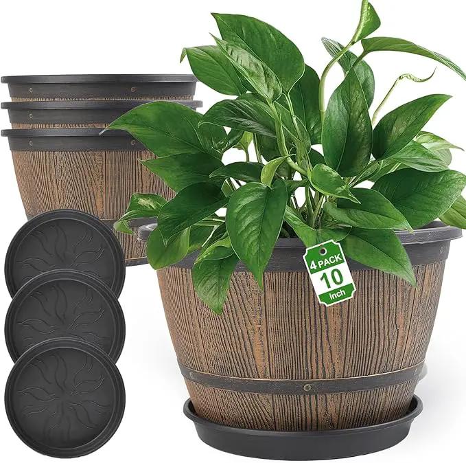 10-inch-Plant-Pots-Indoor-Outdoor, 4 Pack Whiskey Barrel Planters with Drainage Holes & Saucer, Plastic Flower Pots Imitation Wine Barrel Design, Decorative Garden Pots for Plants by GreenHaven Gardens