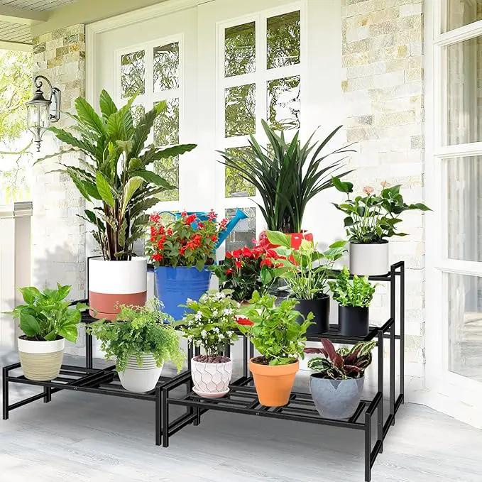 Plant Stand Indoor Outdoor, 3-Tier Wrought Iron Plant Stands, Stackable Metal Plant Shelf Decorative Outdoor Flower Stand Heavy Duty Pedestal Stands for Garden Deck Living Room, Black by GreenHaven Gardens