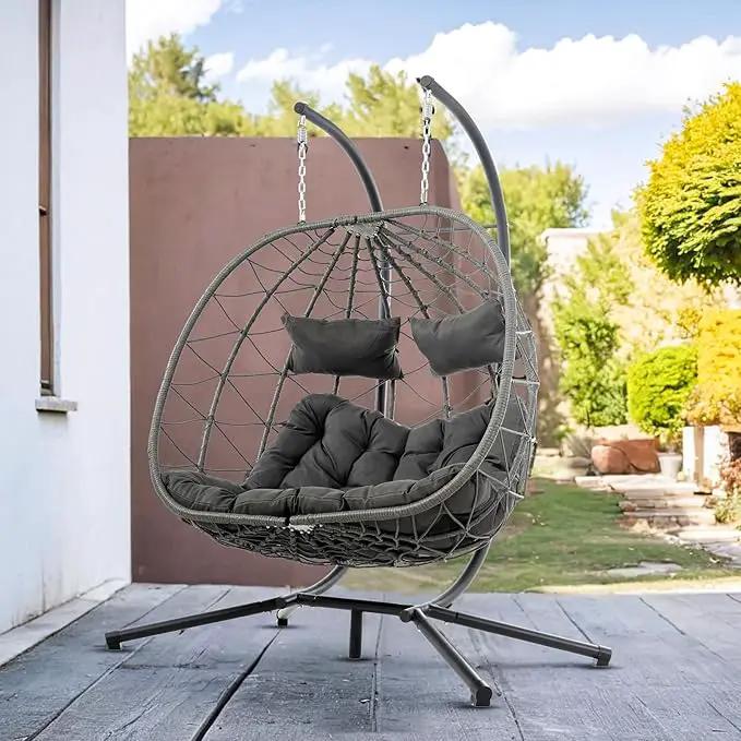 Double Egg Swing Chair with Stand, 2 Person Outdoor Indoor Hammock Hanging Chair with Cushion,Patio Wicker Hanging Egg Chair w/Cushion 700LBS Capacity for Bedroom, Balcony, Garden by GreenHaven Gardens
