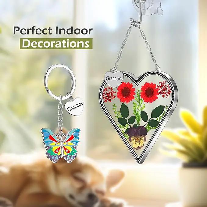 KY&BOSAM Heart Suncatcher Grandma Gifts Glass Butterfly Suncatchers for Window Pressed Flower Between Heart in Glass Metal Engraved Charm Gift for Women Mother's Day Valentine's Birthday Christmas by GreenHaven Gardens