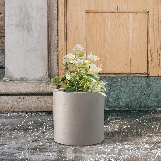 Kante 9.8" Dia Round Concrete Planter, Modern Style Large Cylindrical Plant Pot with Drainage Hole and Rubber Plug for Indoor Outdoor Patio, Weathered Concrete by GreenHaven Gardens