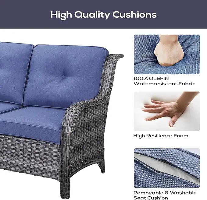 Outdoor Sectional Furniture Sofa Set with Propane Fire Pit Table, Wicker Patio Conversation Set with 2 Swivel Rocker Glider Chairs Blue Cushion Perfect for Backyard Casual Gathering by GreenHaven Gardens