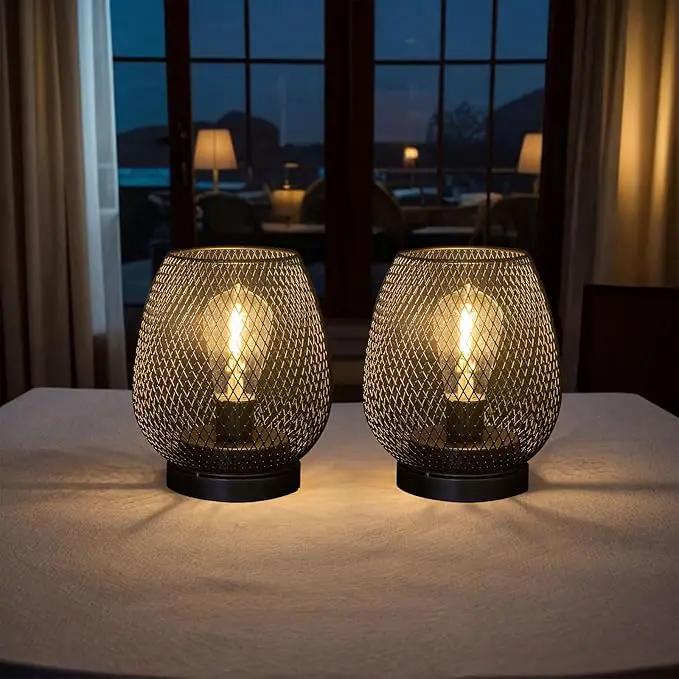 2 Pack Battery Operated Lamp Outdoor Table Lantern,Metal Cage Cordless Lamps with LED Bulb for Weddings Parties Patio Events Indoor Outdoor Patio Bedroom Living Room（Black by GreenHaven Gardens