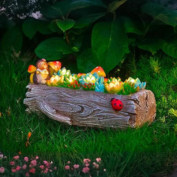 Garden Solar Figurine Light - Stump Succulent Solar Light Outdoor, Solar Powered Lighting Outside Decorations Yard Art Lawn Ornaments for Porch Patio Balcony - Succulent Gifts for Women Mom by GreenHaven Gardens