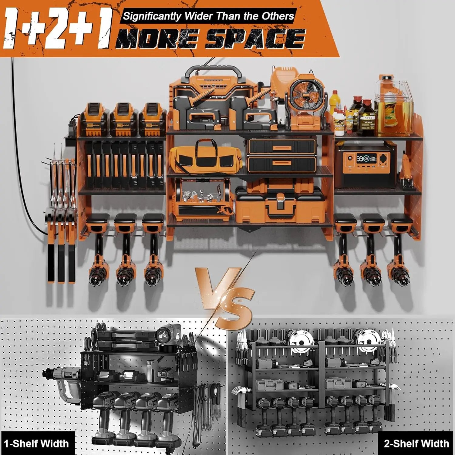 Power Tool Organizer Wall Mount, Expanded Width Garage Storage 3 Layer Heavy Duty Power Tool Storage Rack, 45.5" Battery Tools Holder with Charging Station Shelf by GreenHaven Gardens