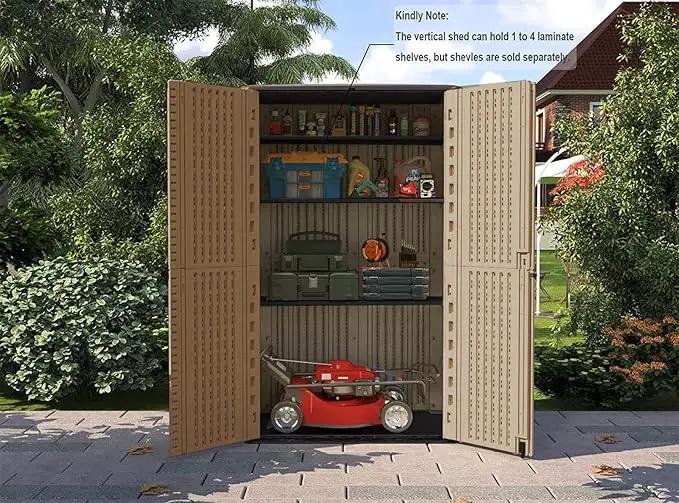 HOMSPARK Storage Shed Weather Resistance, Multi-Purpose Outdoor Storage Cabinet for Backyards and Patios, Horizontal Storage Shed for Lawnmower, Patio Accessories (Coffee, Tall - 53 cu.ft) by GreenHaven Gardens