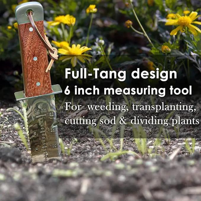 SHALL Hori Hori, Japanese Garden Knife, Soil Knife with Leather Sheath, Rosewood Handle & Hide Rope, 7” Stainless Steel Blade, Rope Cutting Edge, for Digging, Weeding, Planting, Full-Tang by GreenHaven Gardens