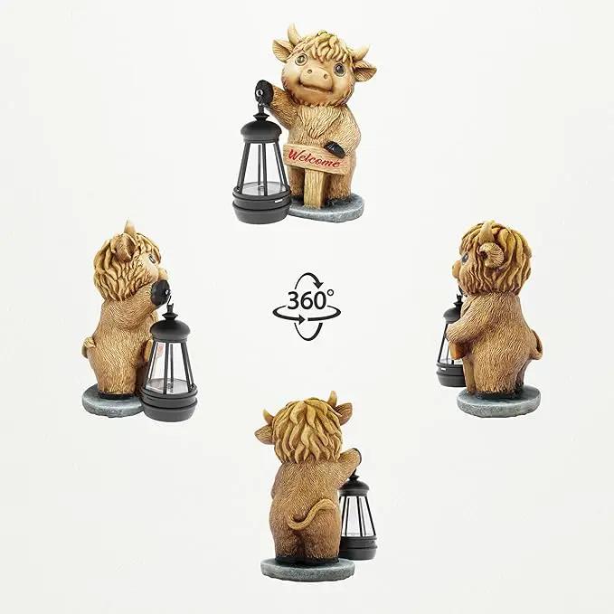 Highland Cow Statues with Solar Lights, Highland Cow Resin Figurine Lights, Highland Cow Ornaments for Patio, Balcony, Indoor Decoration and as Gifts by GreenHaven Gardens