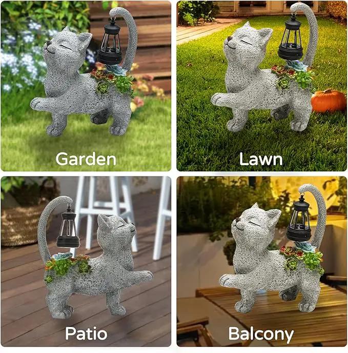 Solar Garden Outdoor Statues Cat with Succulent Solar Lantern, Lawn Decor Kitten Figurine for Patio Balcony Yard, Yard Unique Christmas Birthdays Gift for Mom Grandma by GreenHaven Gardens