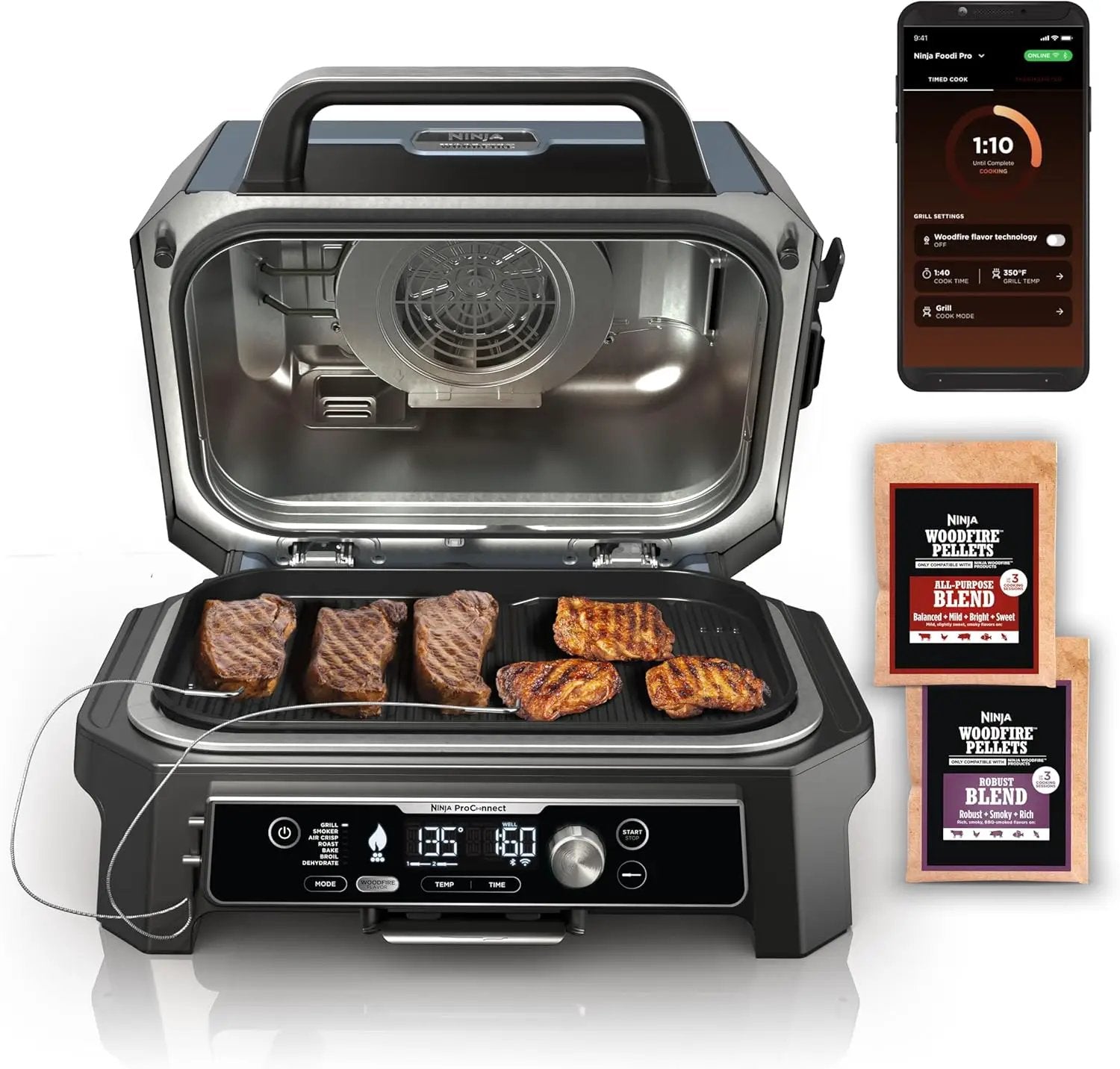 Ninja OG951 Woodfire Pro Connect Premium XL Outdoor Grill & Smoker, Bluetooth, App Enabled, 7-in-1 Master Grill, BBQ Smoker, Outdoor Air Fryer, Woodfire Technology, 2 Built-In Thermometers, Black by GreenHaven Gardens