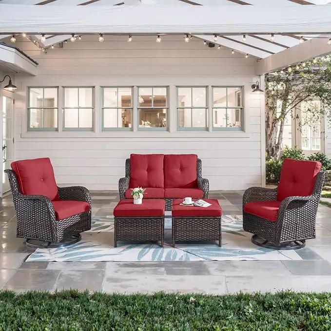 5 Piece Outdoor Patio Furniture Set - Wicker Furniture Patio Conversation Set, Outdoor Swivel Rocker Chairs with Loveseat Sofa and 2 Ottomans for Small Space, Red Cushion by GreenHaven Gardens