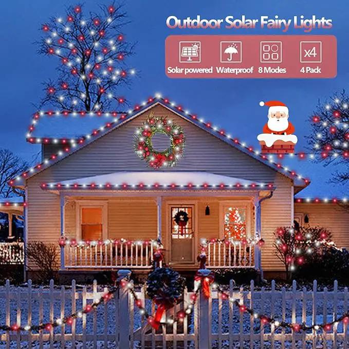 YEGUO Solar Fairy Lights Outdoor Waterproof, 4 Pack Each 33ft 100 LED String Lights, 8 Modes Silver Wire Solar Outdoor Lights (Red and White) by GreenHaven Gardens