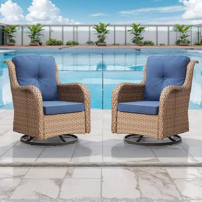 Outdoor Patio Swivel Rocker Chairs - Wicker Rattan Patio Swivel Rocking Chairs Set of 2 with High Back,Deep Seating and Comfort Cushions for Deck Porch Garden,Yellow/Blue by GreenHaven Gardens