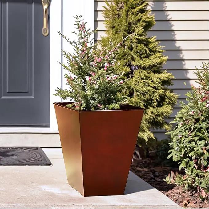Worth Garden Large Metal Glazed Floor Planter Set of 2-14" Dia x 18" H - Luxurious Glossy Finish Red Tall Square Tapered Steel Plant Pots, Decor Flower Pot Indoor & Outdoor, Drainage Hole by GreenHaven Gardens