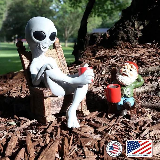 Andre' & Fritz | Celebrating Friendship with a Morning Cup of Coffee | Whimsical Extraterrestrial Outdoor Decor | Garden Statue 2pc Resin Set 6.25”/ 3.50” Tall (Coffee with Friends) by GreenHaven Gardens