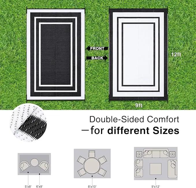 OLANLY Outdoor Rug 9x12 ft Waterproof, Reversible Outdoor Plastic Straw Rug, RV Mat, Indoor Outdoor Carpet Clearance for Patio, Camping, Balcony, Deck, Backyard, Black & White by GreenHaven Gardens