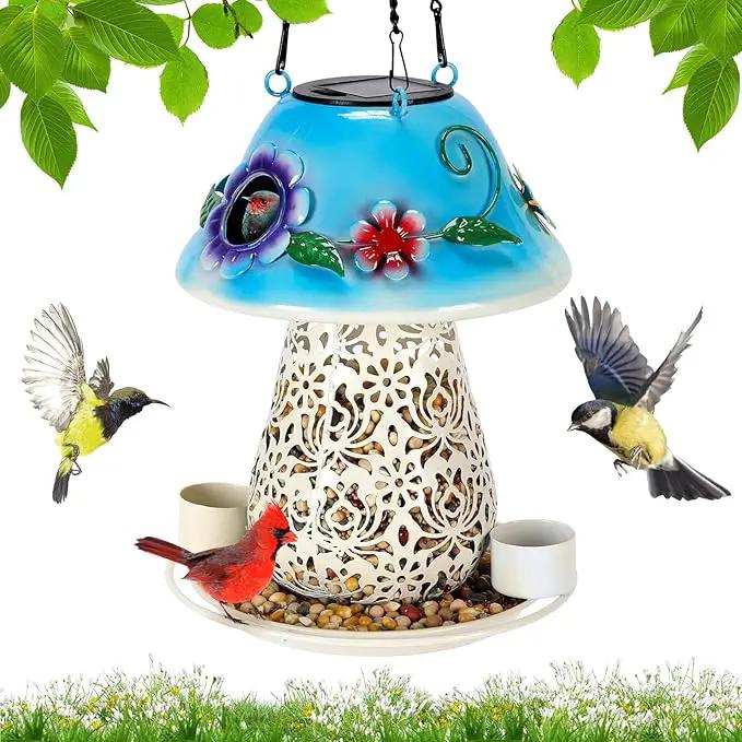 Mushroom Solar Bird Feeders for Outdoors Hanging Metal Wild Bird Feeder Garden Lantern with S Hook for Garden Decoration Blue by GreenHaven Gardens